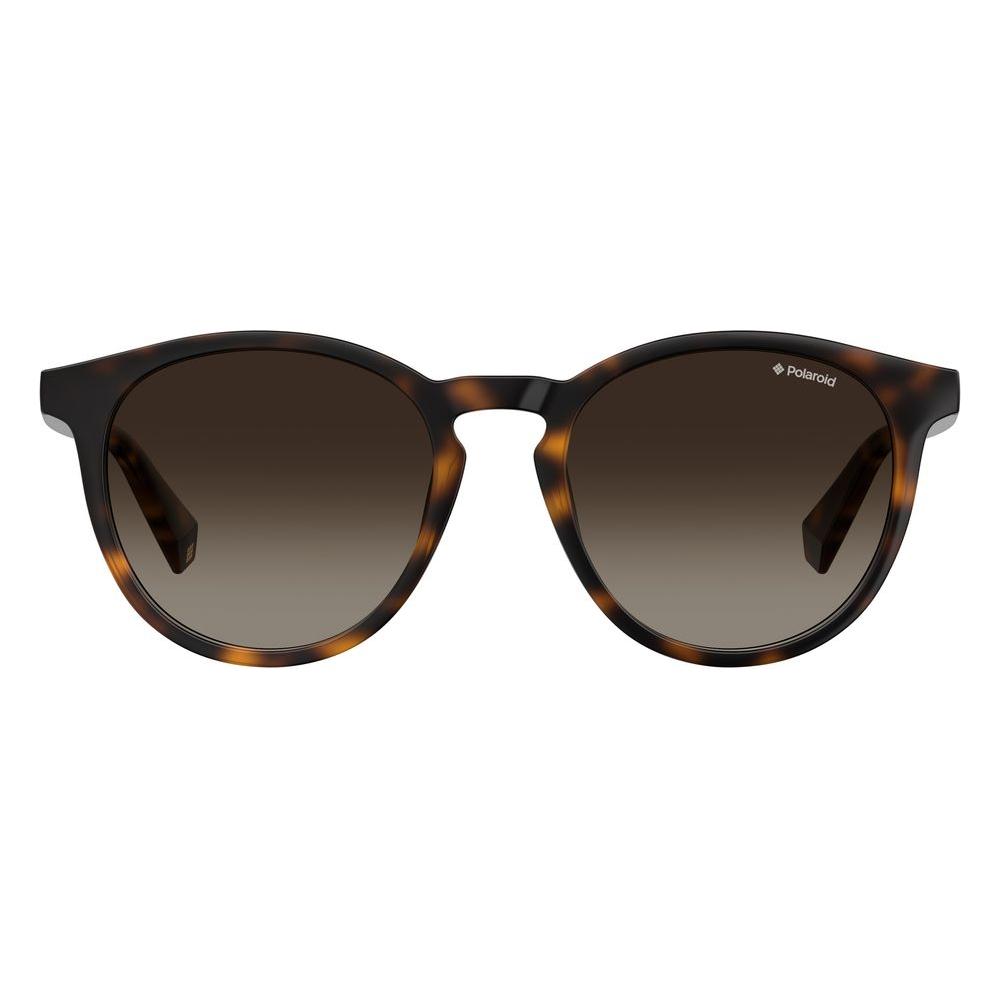 Polaroid brown plastic Havana sunglasses, unisex oval design with polarized lenses, comfortable fit, size 51/19/140 mm, pop style.