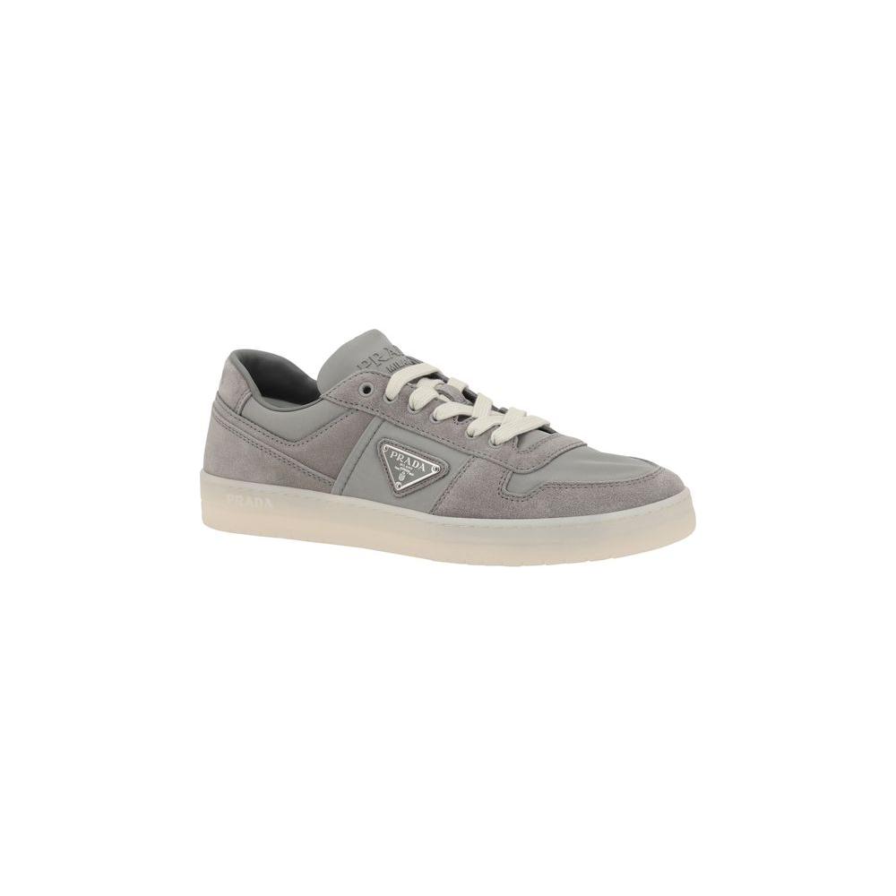 Prada Suede Leather Sneakers with lace-up closure and flat sole, showcasing a casual yet elegant style.