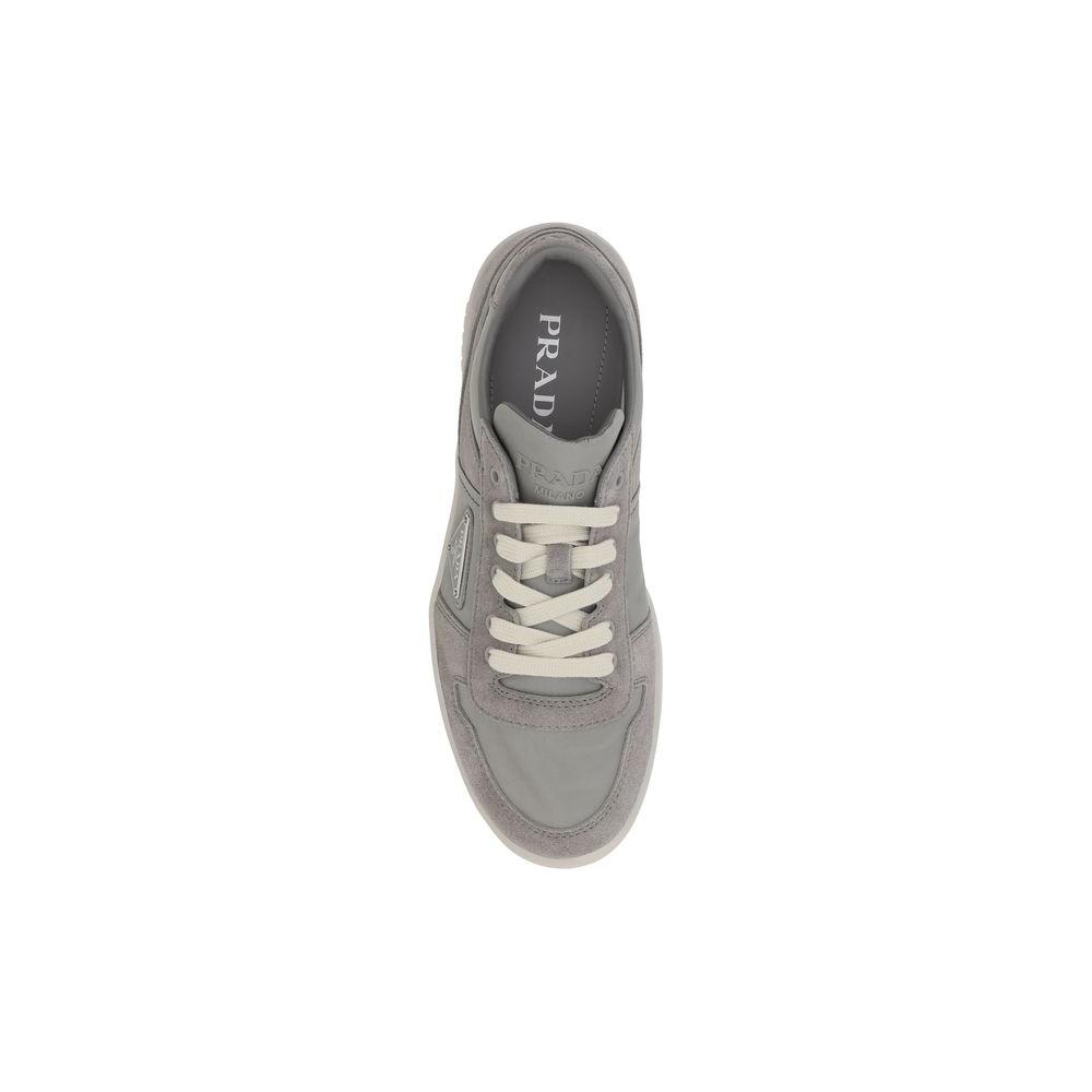 Top view of Prada suede leather sneaker with lace-up closure, showcasing its elegant design and comfortable fit for a refined casual look.