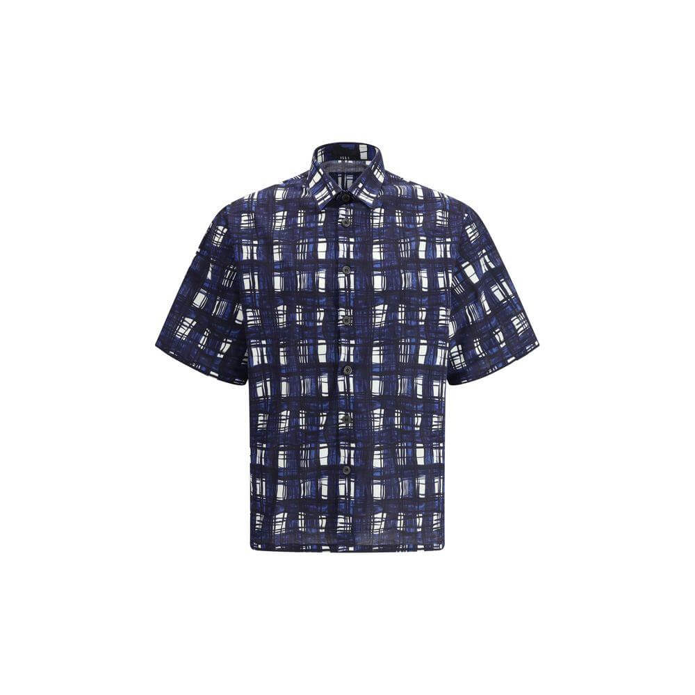 Prada Madras check pattern short-sleeve shirt in cotton, featuring a front button closure for elegant and comfortable style.