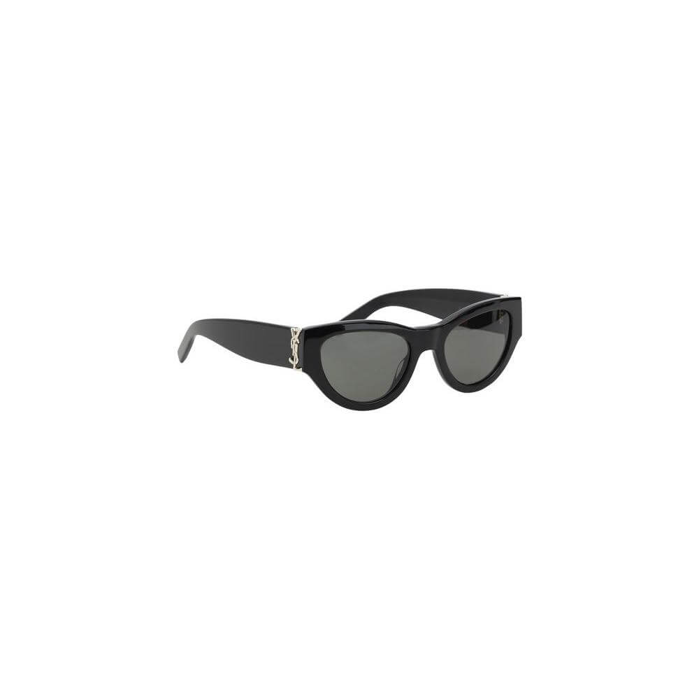Saint Laurent cat-eye sunglasses with black frame and iconic gold logo, offering vintage glamour and contemporary style.
