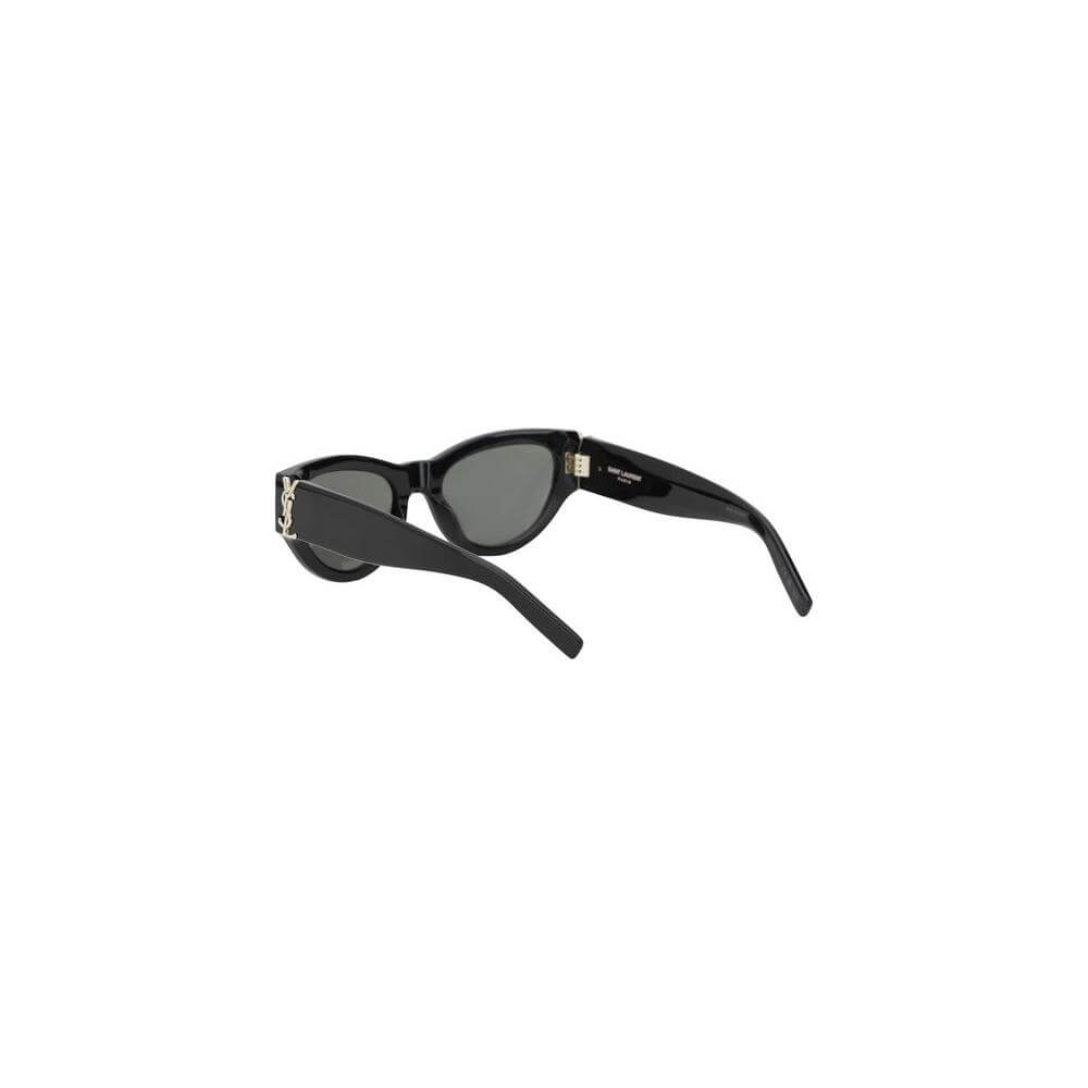 Side view of Saint Laurent Cat-Eye Sunglasses with black frames and iconic gold logo on the temples.