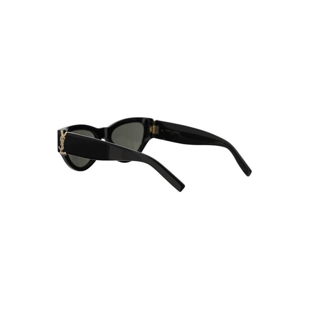 Saint Laurent cat-eye sunglasses with black frame and iconic gold logo on the side, showcasing elegant and vintage-inspired design.