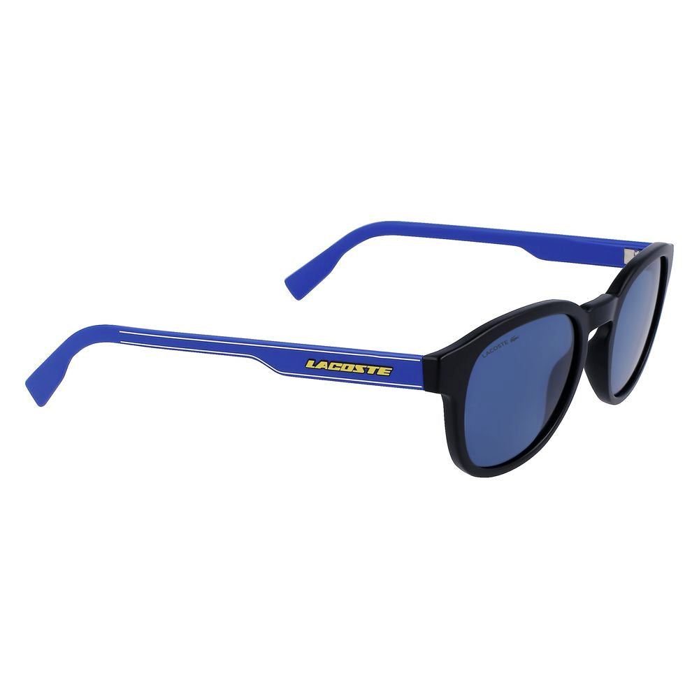 Lacoste unisex black injected sunglasses model L968SX-002 with blue temples, category 3 lenses, 51mm/21mm/145mm dimensions.