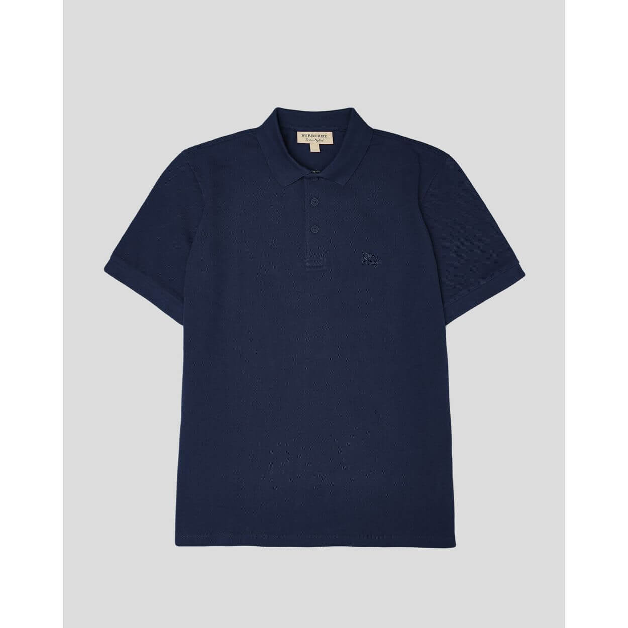 Navy blue Burberry cotton collared polo shirt with logo, short sleeves, regular fit, made in Thailand.