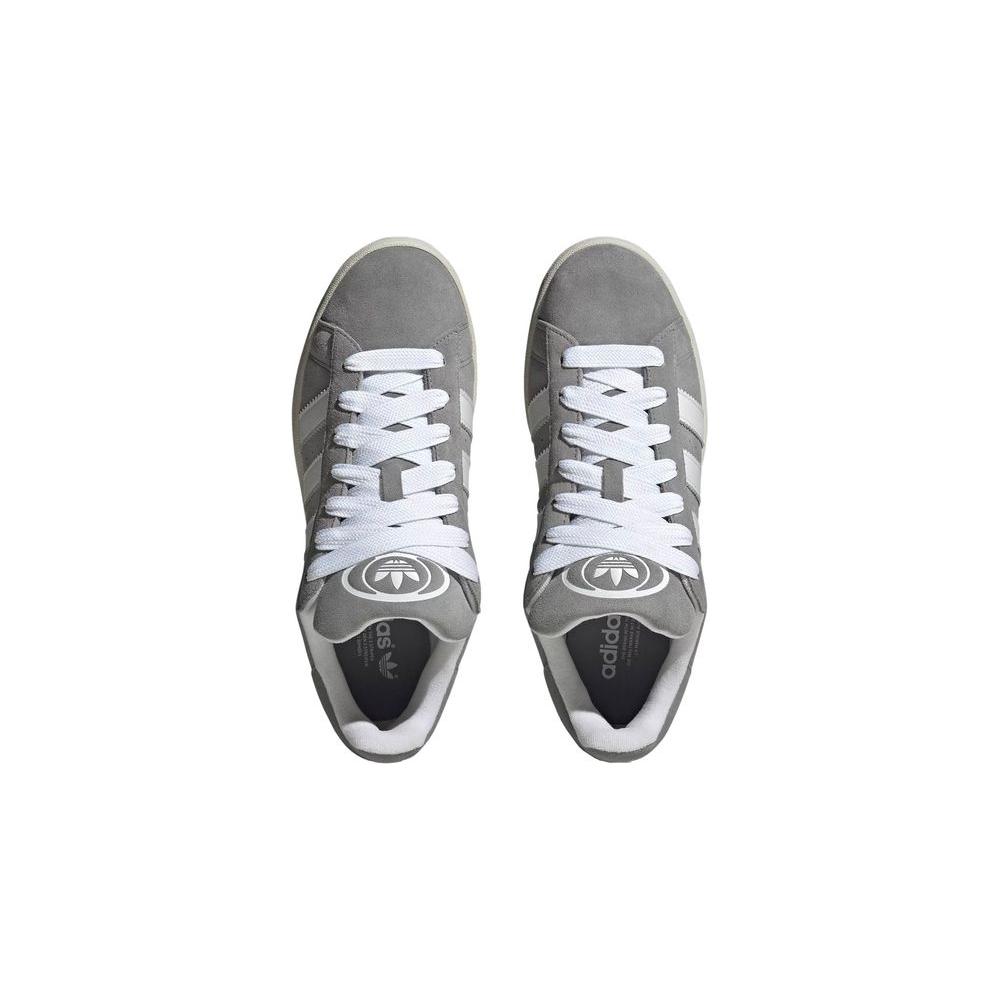 Top view of Adidas CAMPUS 00s HQ8707 gray sneakers with white laces, featuring iconic Adidas stripes, 80% suede and 20% rubber design.
