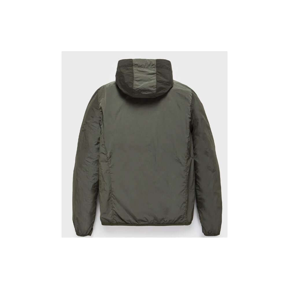 Refrigiwear Green Polyamide Men's Jacket with hood, back view showing minimalist design and ultra-breathable material for summer.