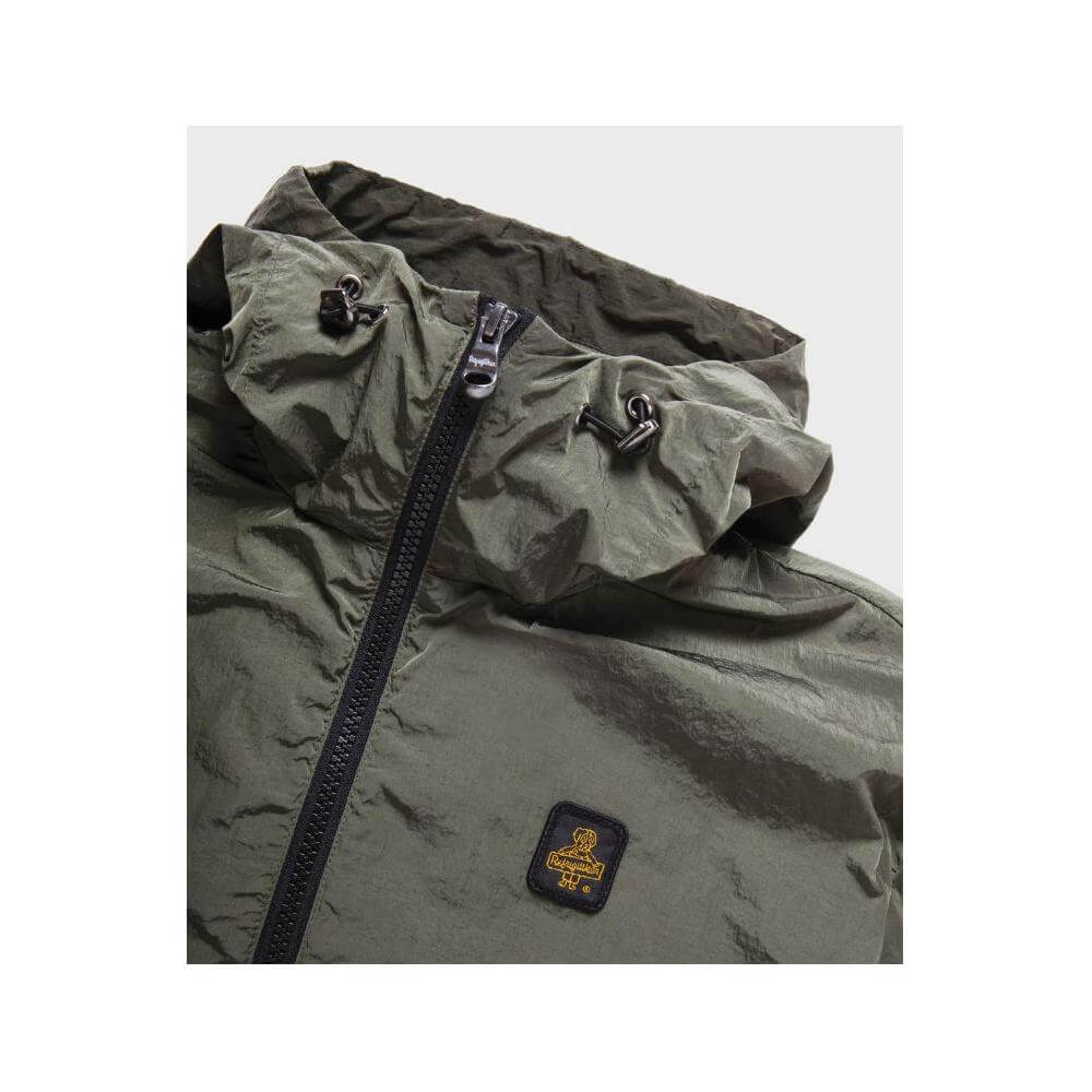RefrigiWear green polyamide men's jacket with zipper closure and hood, featuring sleek design and logo patch.