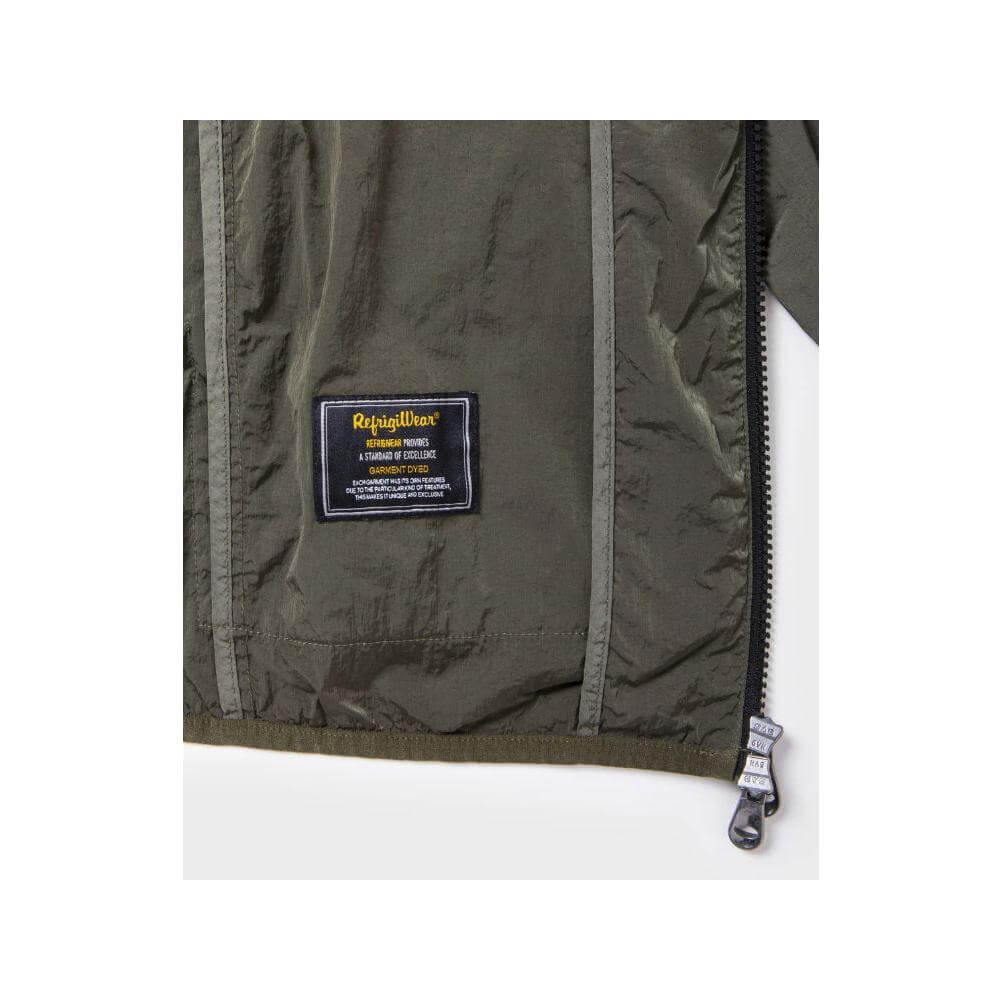 RefrigiWear green polyamide men's jacket with a focus on zipper and brand label, showcasing durable fabric and stylish design.