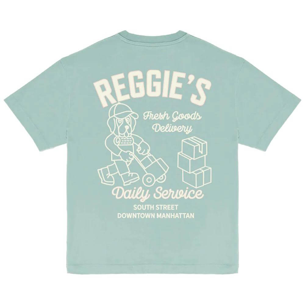 Refrigiwear green cotton t-shirt with crewneck, featuring graphic print "Reggie's Fresh Goods Delivery" on back.