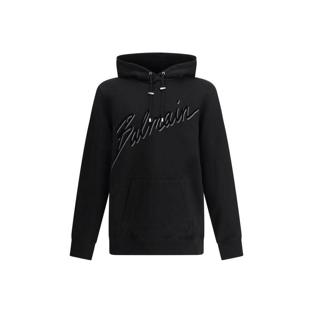 Balmain black cotton hoodie with logo, featuring drawstring hood and front pouch pocket for stylish streetwear.