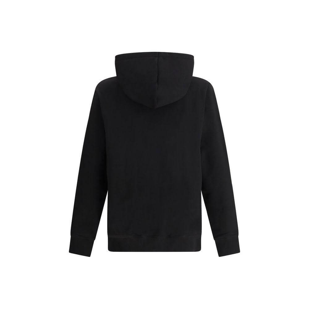 Back view of a black Balmain Logo cotton hoodie with an adjustable drawstring hood and ribbed cuffs, perfect for refined streetwear style.