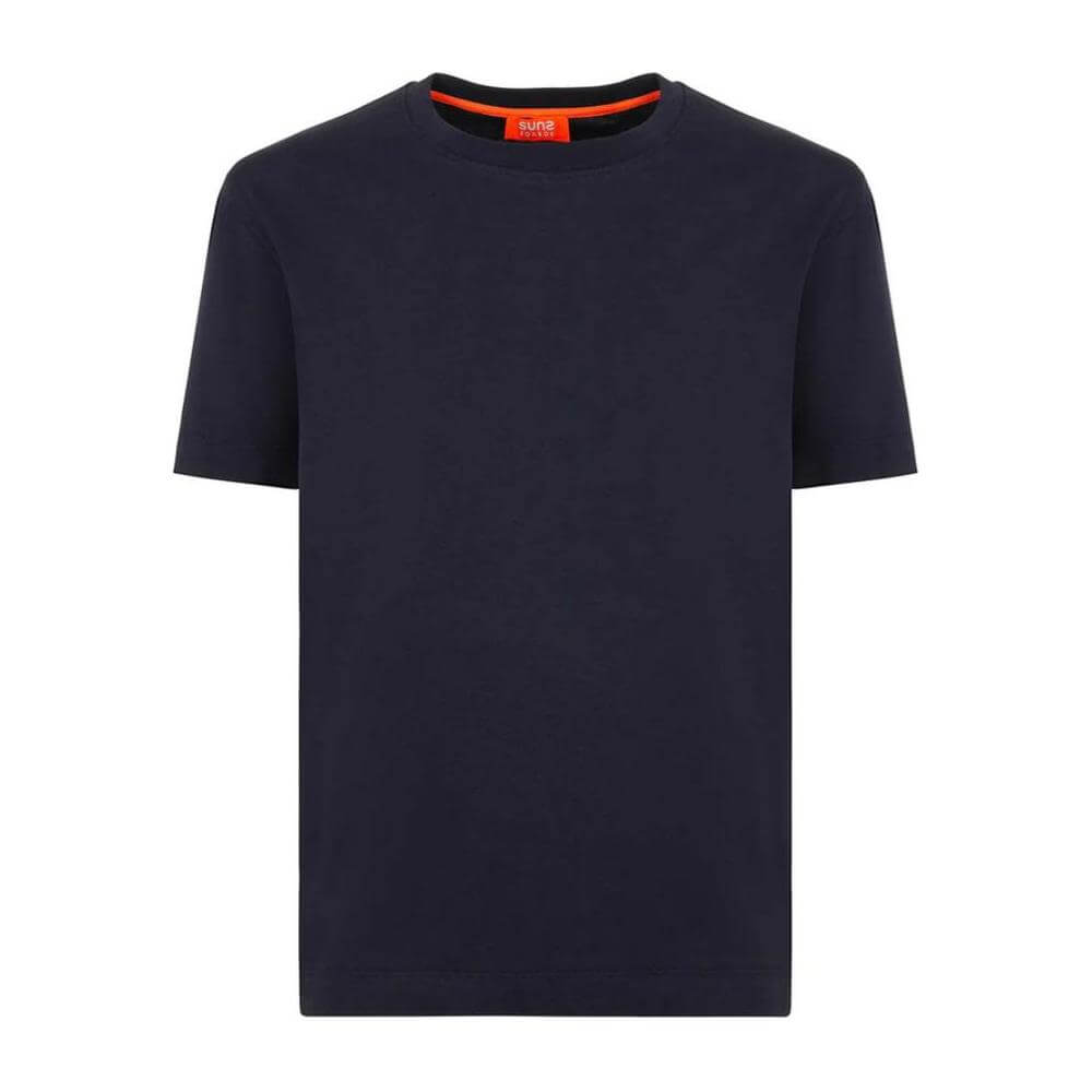 Suns dark blue cotton crew-neck T-shirt with elastic sleeves and logo on left sleeve