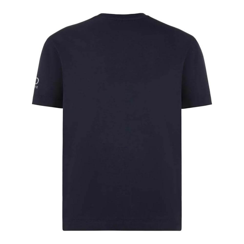 Back view of Suns dark blue cotton T-shirt with crew-neck, stretch fabric, elastic sleeves, and logo on left sleeve.