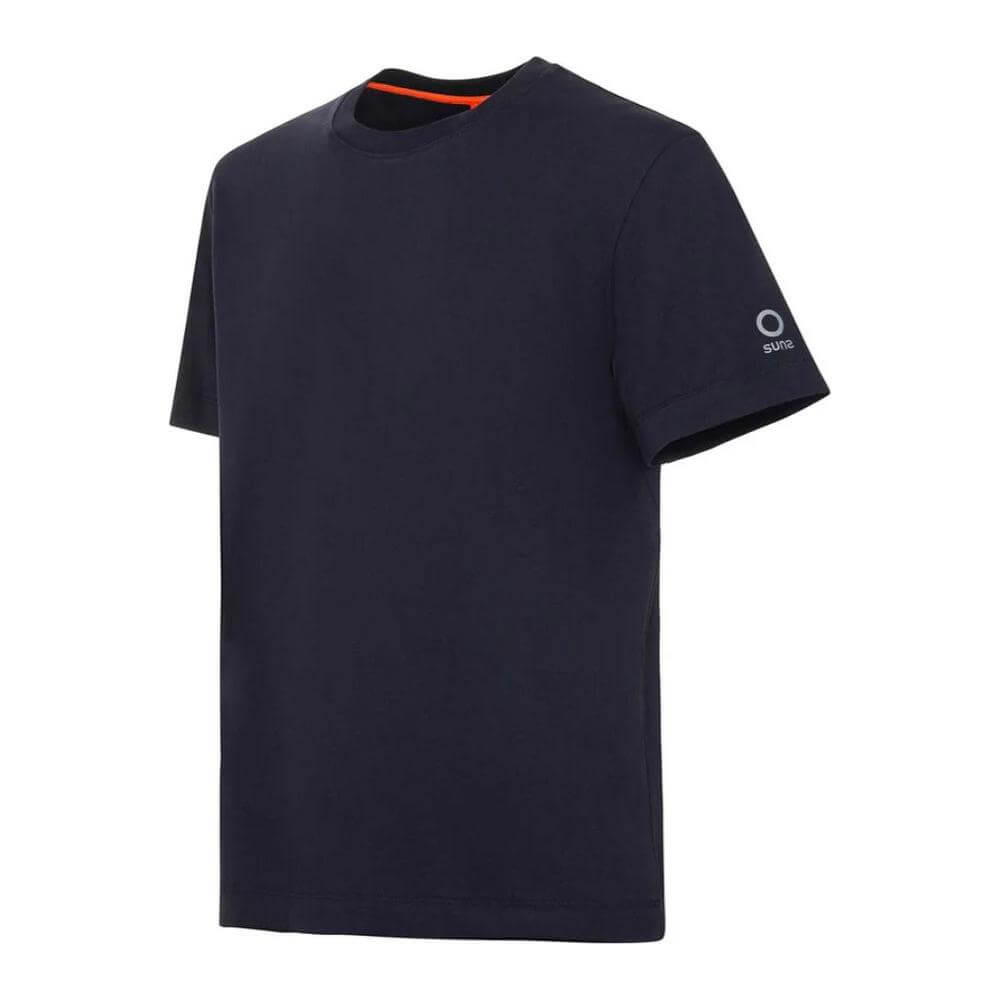 Suns dark blue cotton crew-neck T-shirt with stretch fit and elastic sleeves, featuring a logo on the left sleeve.