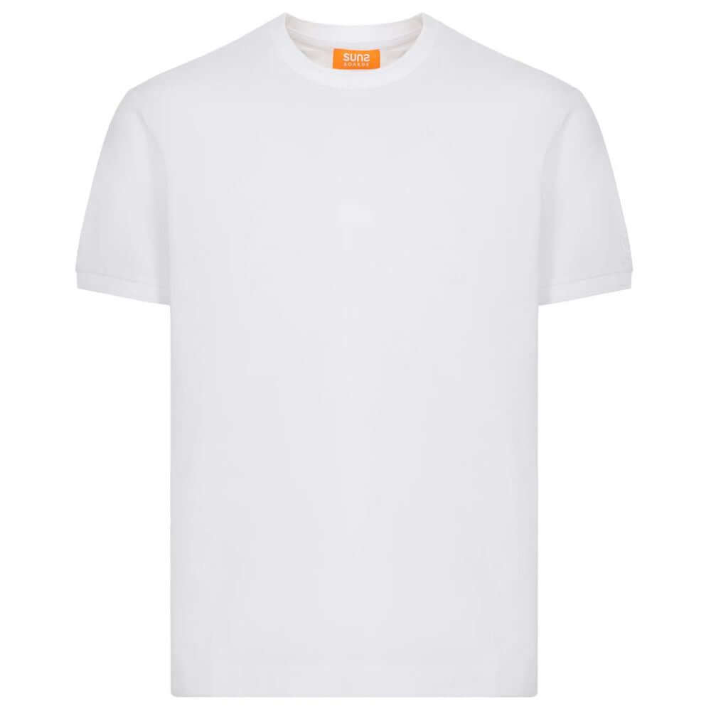 White Cotton T-Shirt with Crew Neck and Elasticated Sleeves by Suns, Featuring a Logo on the Left Sleeve