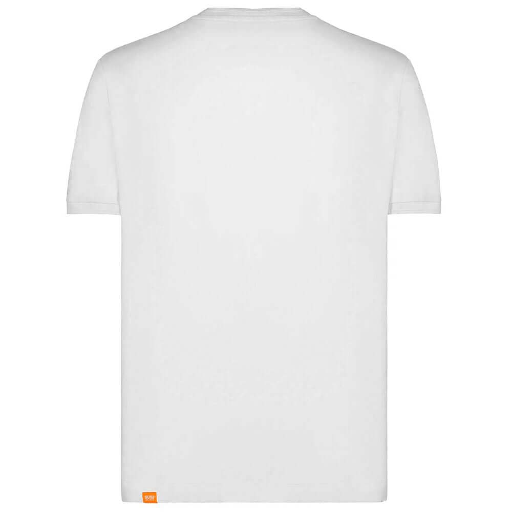 Back view of Suns white cotton T-shirt with crew neck, elasticated sleeves, and left sleeve logo, perfect for casual wear.