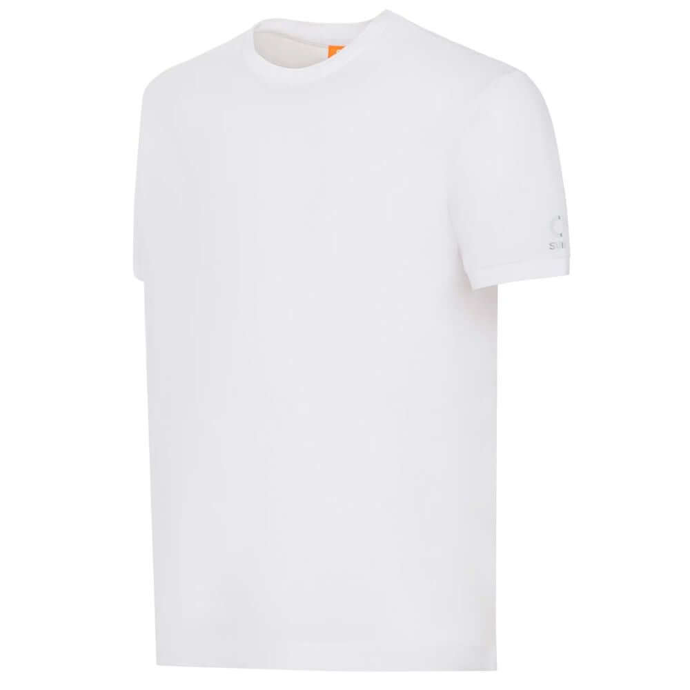 White cotton t-shirt with crew neck, stretch fabric, and elasticated sleeves featuring a logo on the left sleeve.