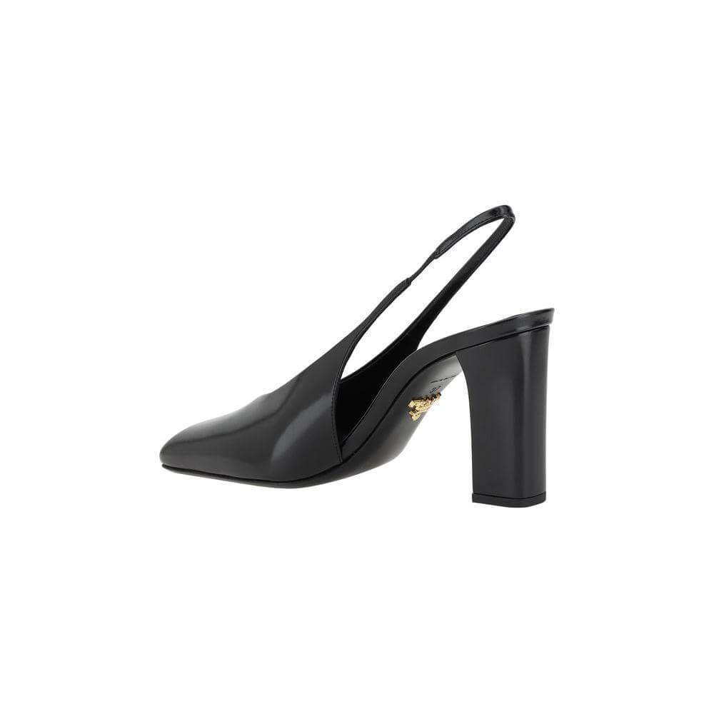 Prada leather slingback pumps with square toe and geometric heel, featuring iconic monogram on the side for a modern, elegant look.