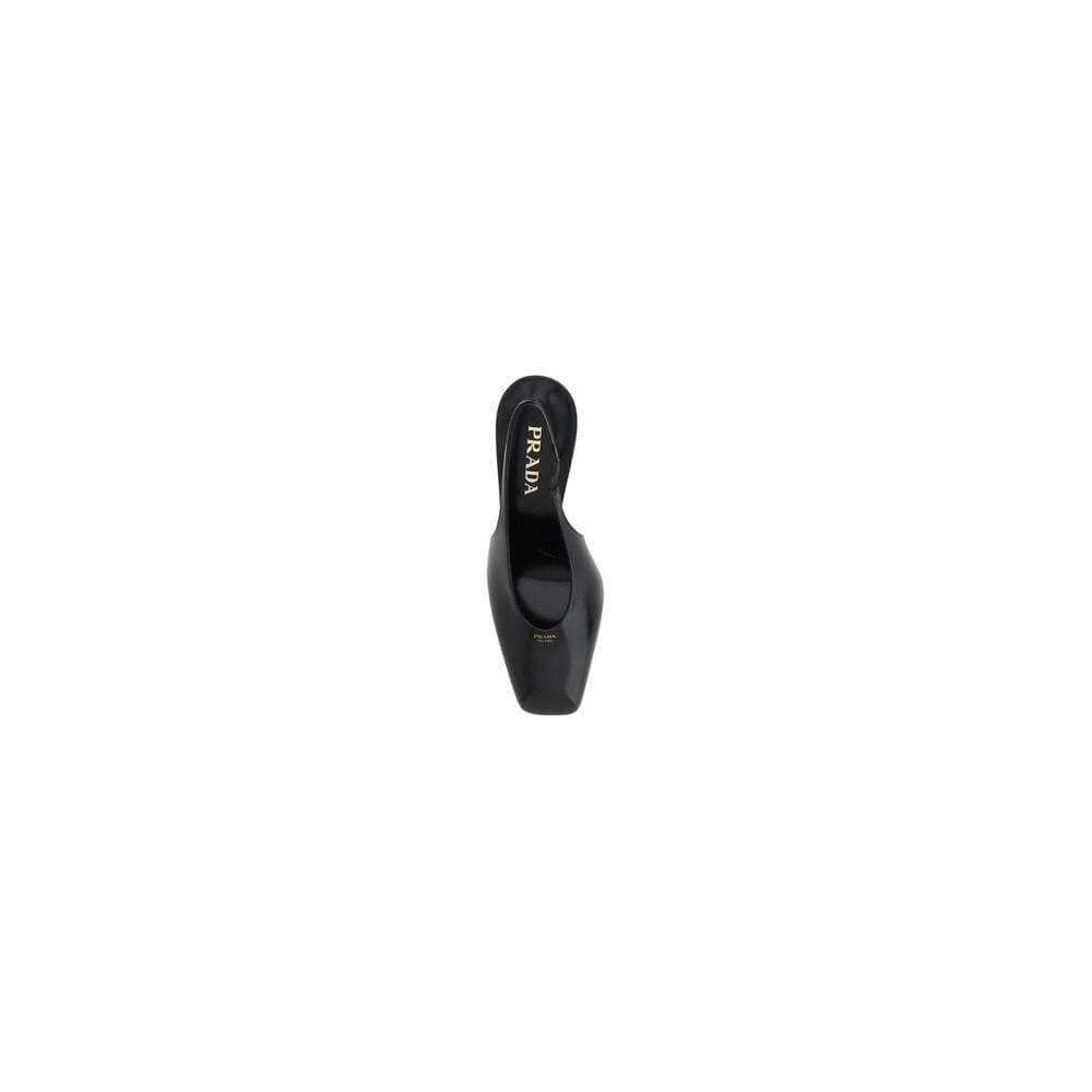 Prada leather pumps with square toe, embossed logo, elastic slingback, geometric heel, and branded insole, top view.