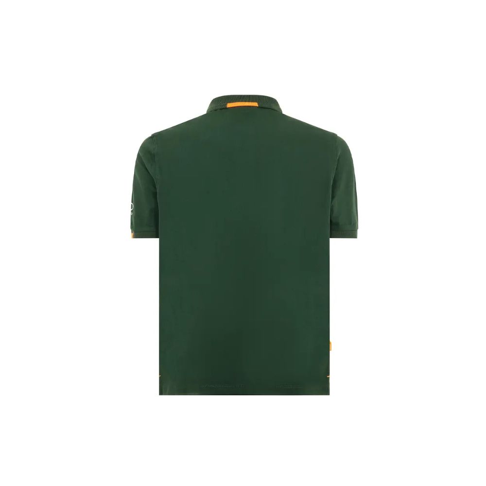 Suns Green Cotton Polo Shirt with ribbed collar, logo on left sleeve, and front button closure, back view.
