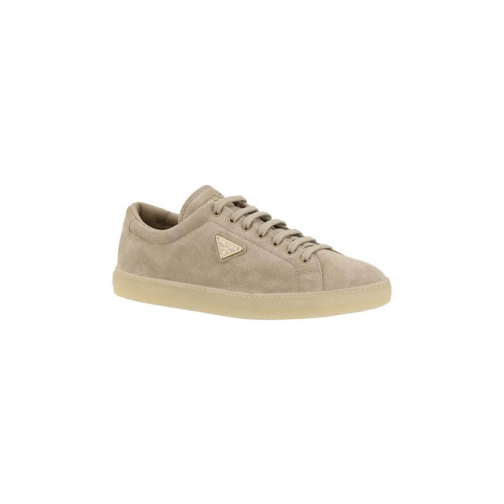 Beige Prada Suede Sneakers with triangular logo plaque, round toe, and laces on flat sole for casual luxury style.