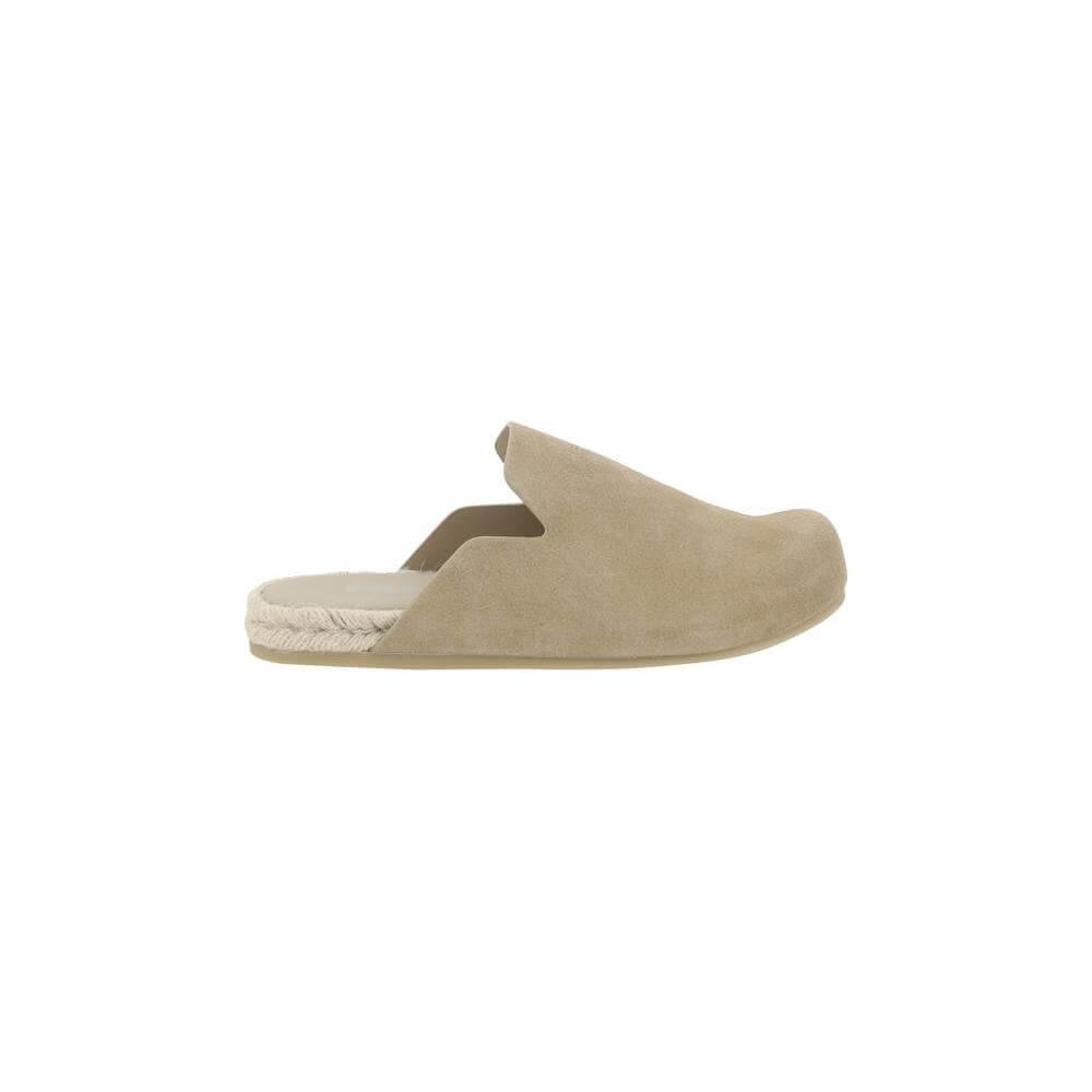 Prada suede leather sabots with round toe, rope-bound insole, and engraved logo; elegant and versatile slip-ons for comfort and style.