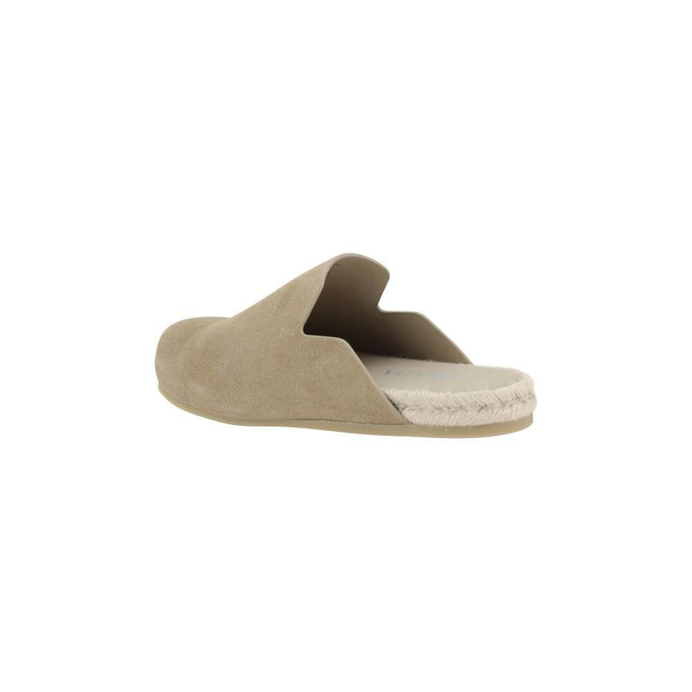 Prada suede leather Sabots slip-ons with round toe and rope-bound insole, featuring iconic brand signature and leather heel.