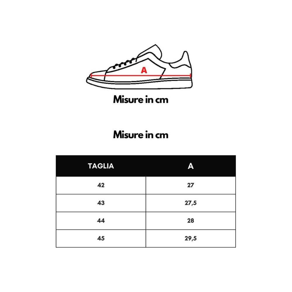 Shoe size guide in centimeters for Italian sneakers, showing sizes 42 to 45 with corresponding measurements between 27 and 29.5 cm.