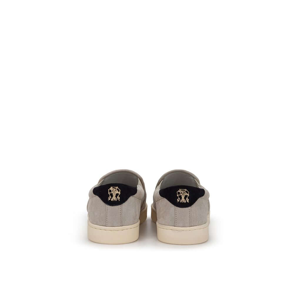Back view of Brunello Cucinelli gray leather sneakers with black detailing and gold micro print on heel.
