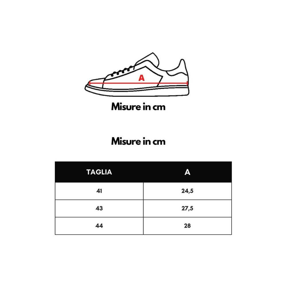 Shoe sizing chart in cm for Brunello Cucinelli sneakers, sizes 41 to 44, with illustration of sneaker profile.