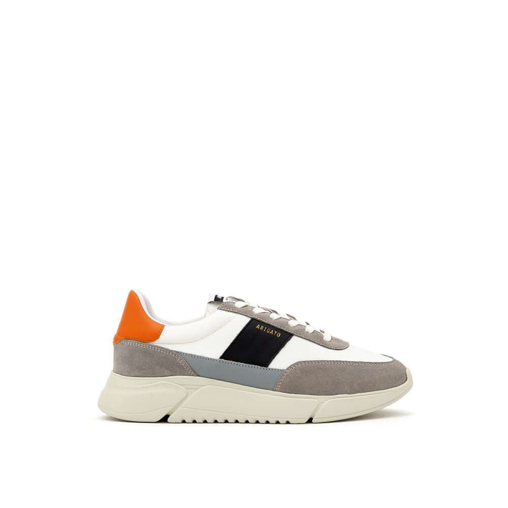 Side view of Axel Arigato Bicolor Sneaker with suede and recycled polyester, featuring contrasting side panels and orange heel tab.