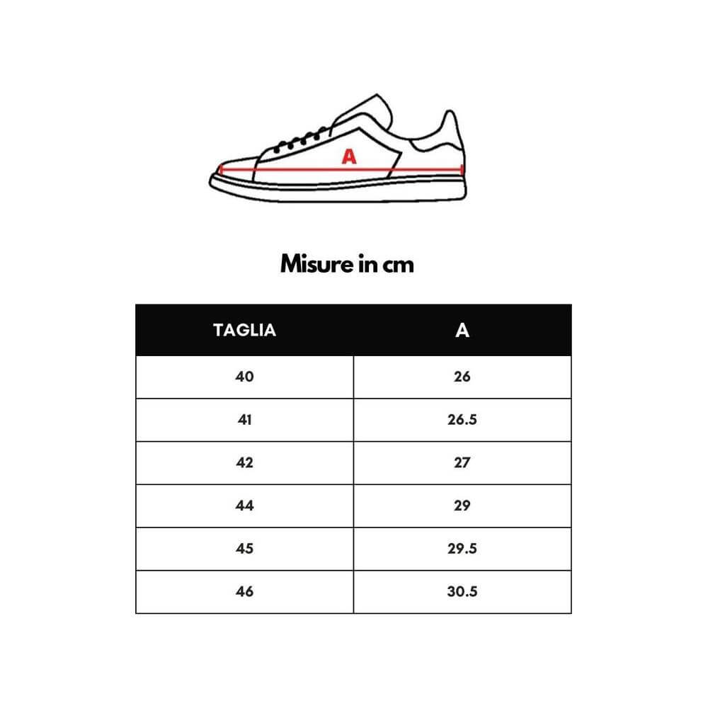 Size chart for Axel Arigato sneakers with measurements in cm from size 40 to 46, featuring a sneaker outline illustration.
