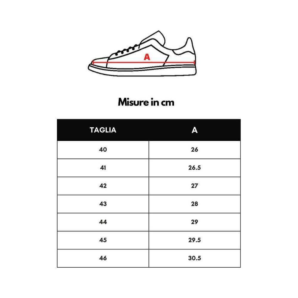 Axel Arigato sneaker size chart in centimeters showing shoe sizes 40 to 46 with corresponding measurements.