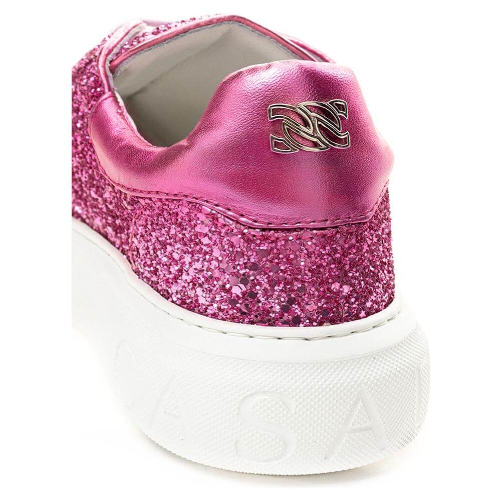 Casadei Fuchsia Elegance Leather Sneakers with glitter detail and logo on heel, showcasing luxury Italian craftsmanship.