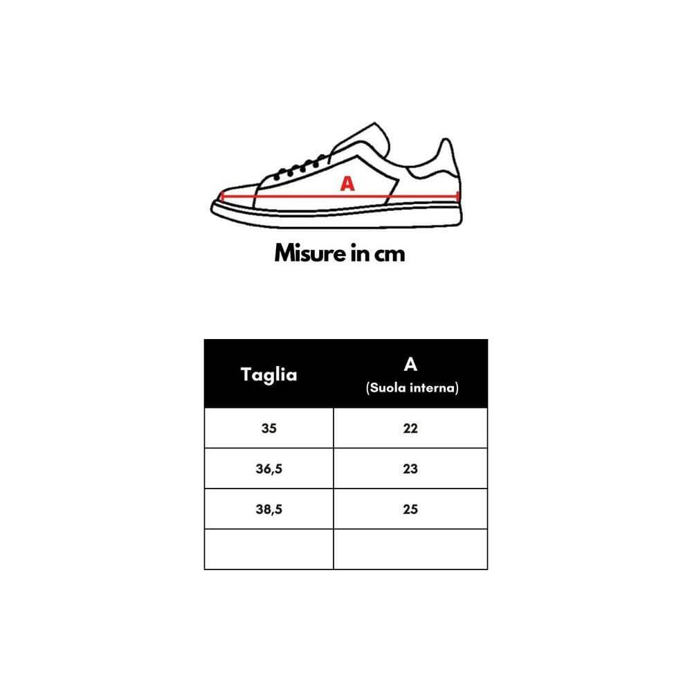 Casadei Fuchsia Elegance Leather Sneakers size chart in cm with shoe outline.