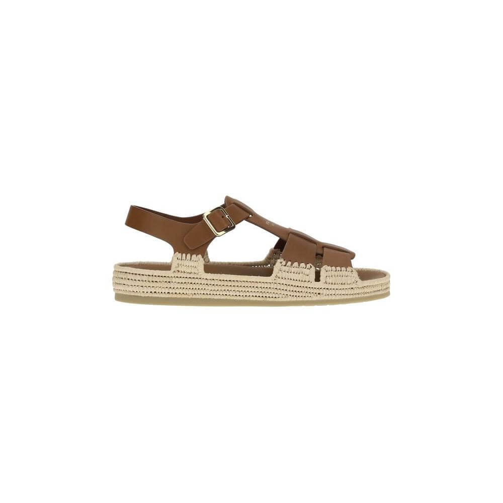 Prada leather and raffia sandals with adjustable strap and woven upper, showcasing retro elegance and iconic brand touch.