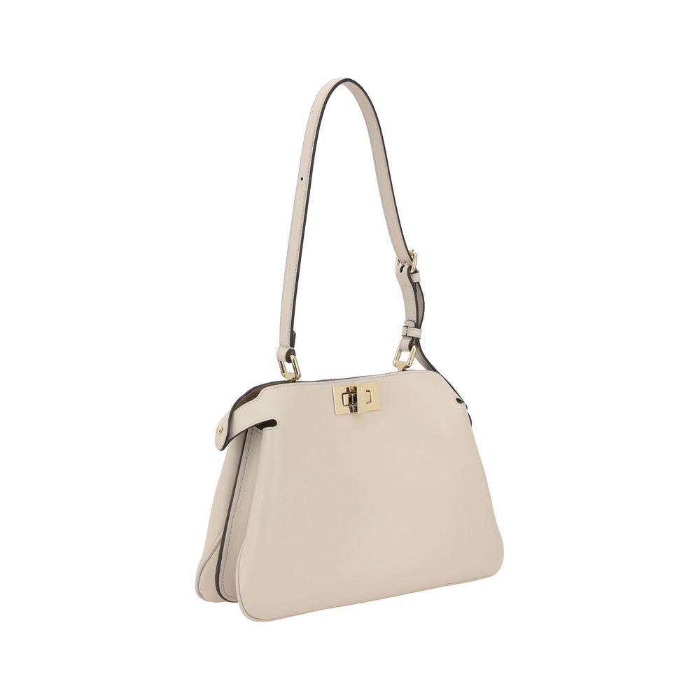 Fendi Peekaboo leather shoulder bag with adjustable strap and hook-and-eye closure, showcasing elegant and practical design.