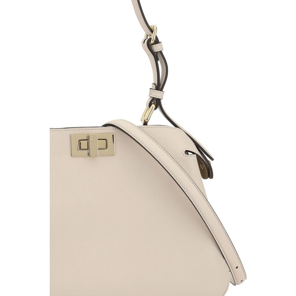 Fendi Peekaboo leather shoulder bag with adjustable top handle, featuring elegant design and secure hook-and-eye closure.