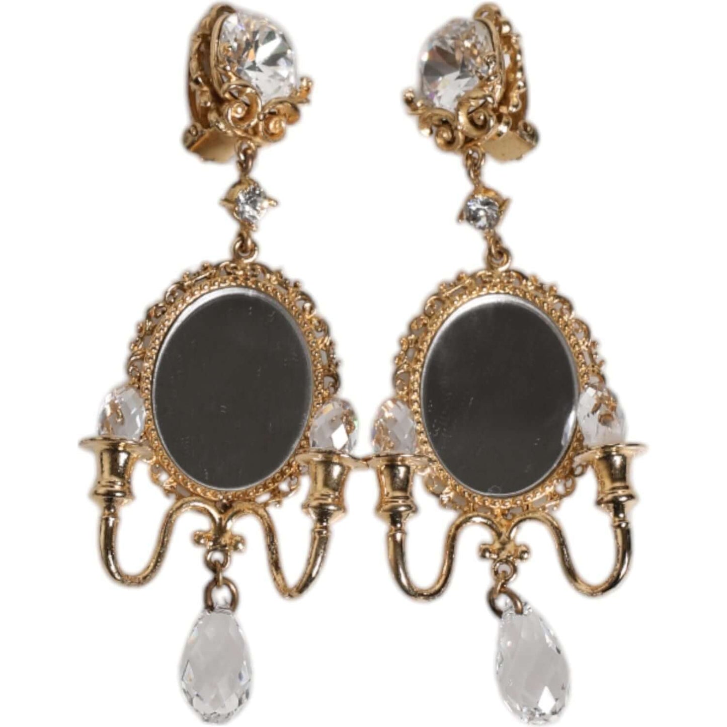 Dolce & Gabbana gold brass earrings with clear crystal accents and mirror elements, 9cm clip-on baroque style.