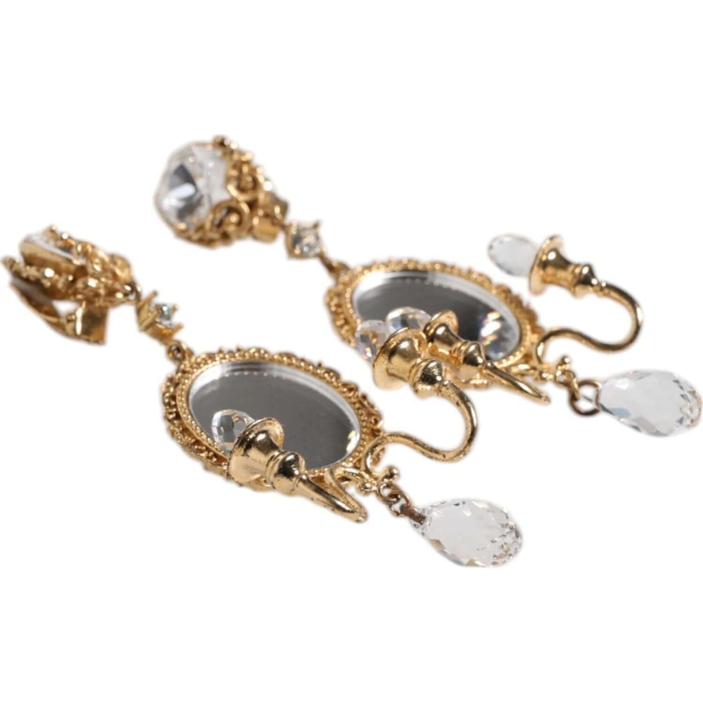 Dolce & Gabbana gold tone baroque clip-on earrings with clear crystals and mirror elements, made in Italy, 9cm length.