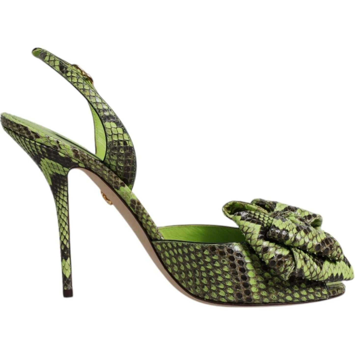 Dolce & Gabbana green python leather high heel sandals with animal print and buckle closure, made in Italy.