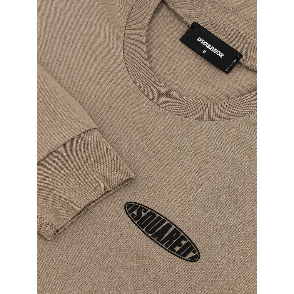 Dsquared² Beige Cotton T-Shirt with logo, crew neck, long sleeves, front pocket, side slits, over fit, 100% cotton.