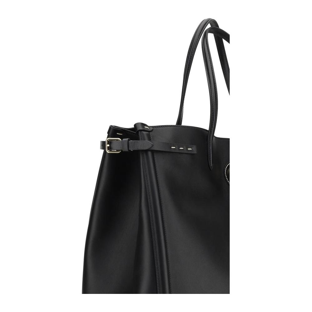 Side view of Valentino Garavani Large Antibes Tote Bag in black leather with gold hardware and VLogo metal element.