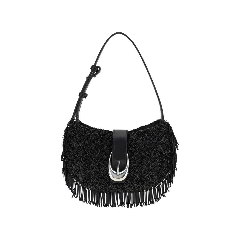 Staud Alana Shoulder Bag with beaded fringe, adjustable strap, and decorative buckle. Stylish and versatile handbag accessory.