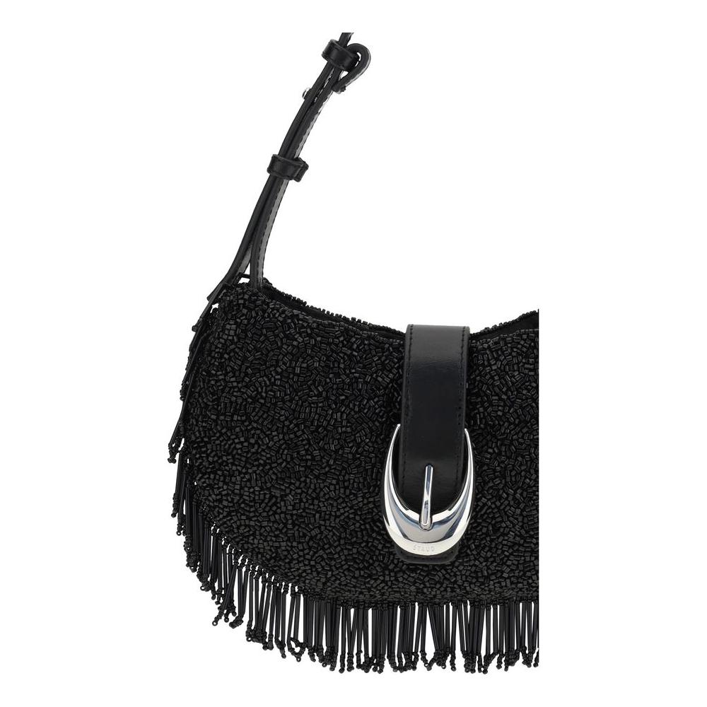Staud Alana Shoulder Bag with beaded and fringed design, adjustable strap, magnetic flap, and decorative buckle for style and function.