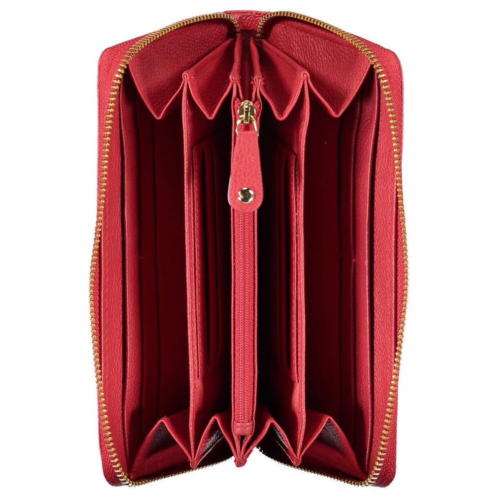 Valentino Bags red polyethylene wallet with 6 compartments, coin purse, card slots, and zip closure.