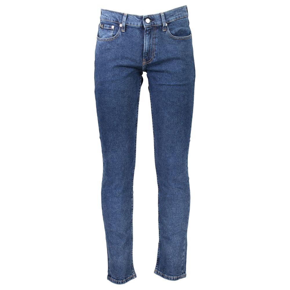 Calvin Klein blue cotton slim fit jeans with 5 pockets, button and zip closure, featuring logo, ideal fashion for comfort and style.