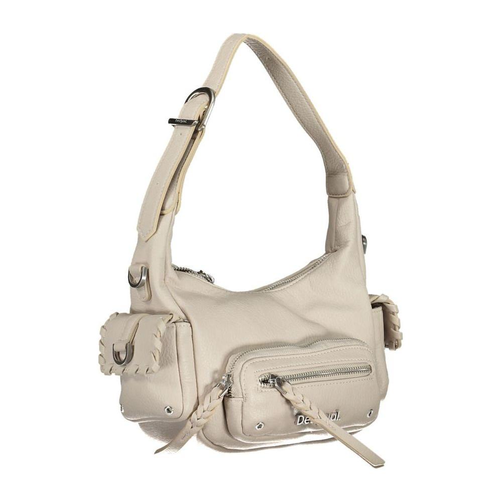 Desigual white polyethylene handbag with adjustable handle, removable shoulder strap, and multiple pockets, featuring a zip closure and logo.