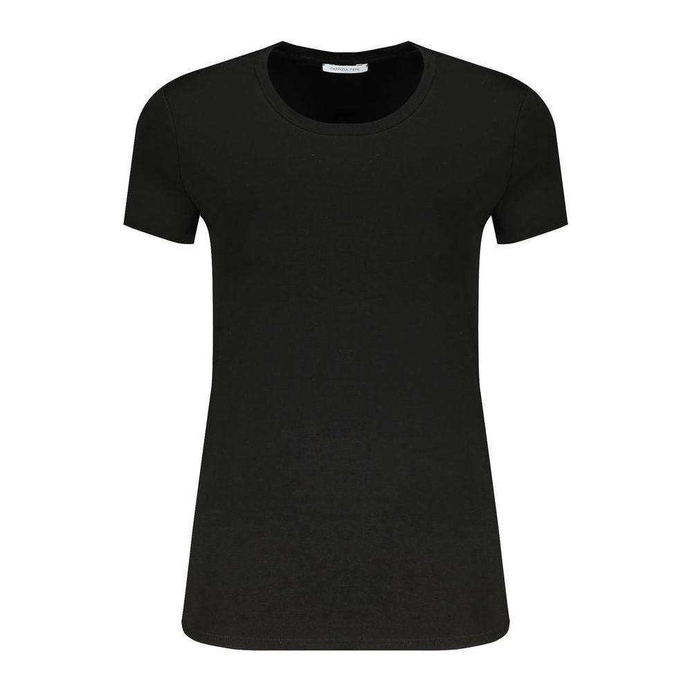 Patrizia Pepe black short sleeve T-shirt with crew neck, featuring rhinestone logo and organic cotton blend.